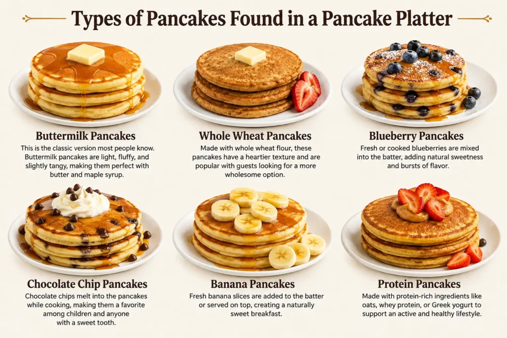 Types of pancake found in a pancake platter
